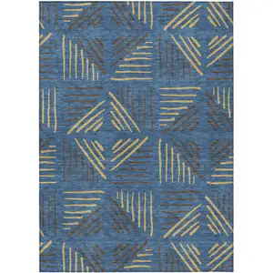 Photo of Navy Blue And Gold Geometric Washable Indoor Outdoor Area Rug