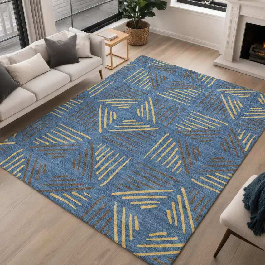 Navy Blue And Gold Geometric Washable Indoor Outdoor Area Rug Photo 5