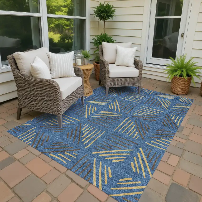 Navy Blue And Gold Geometric Washable Indoor Outdoor Area Rug Photo 4