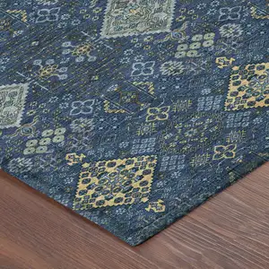 Photo of Navy Blue And Gold Geometric Washable Indoor Outdoor Area Rug