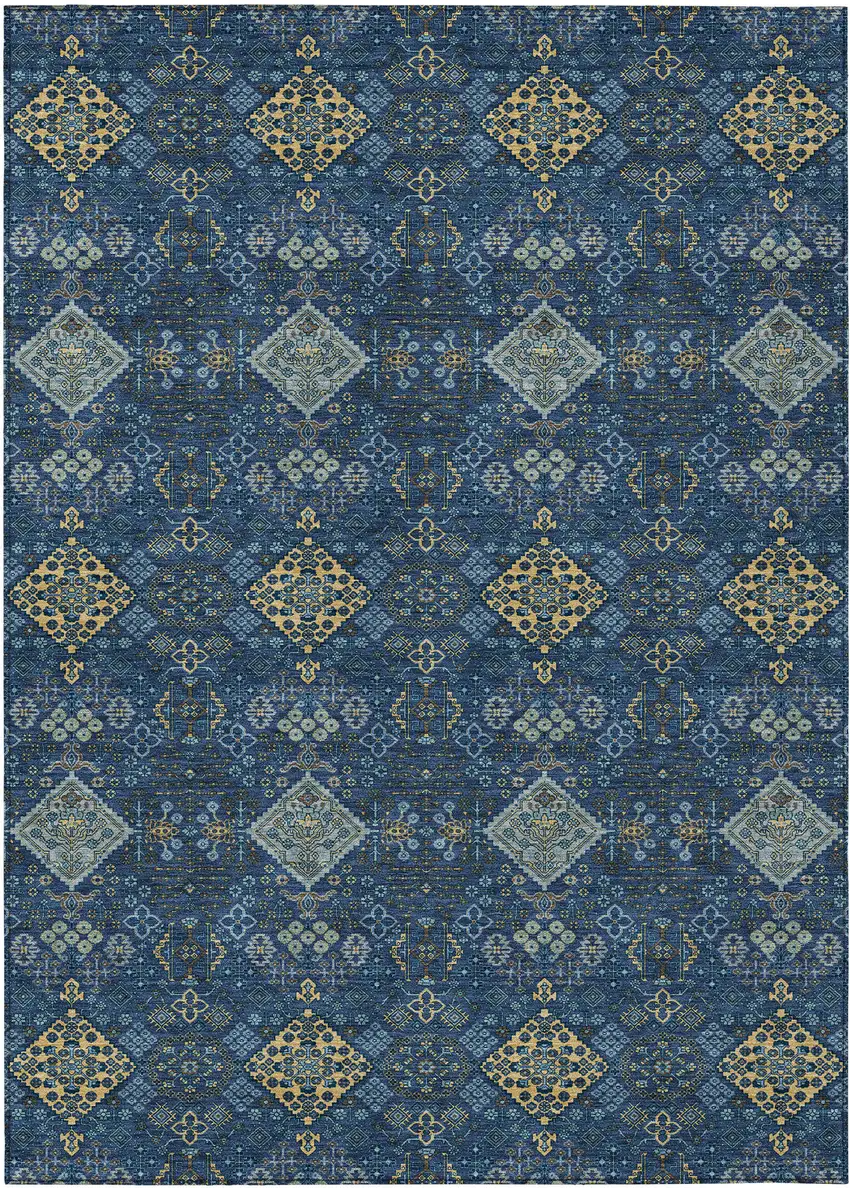 Navy Blue And Gold Geometric Washable Indoor Outdoor Area Rug Photo 1
