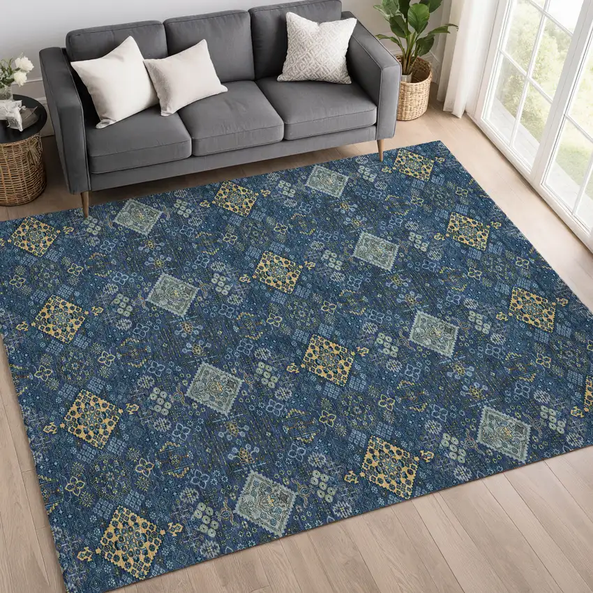 Navy Blue And Gold Geometric Washable Indoor Outdoor Area Rug Photo 6