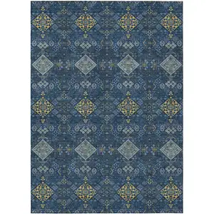 Photo of Navy Blue And Gold Geometric Washable Indoor Outdoor Area Rug