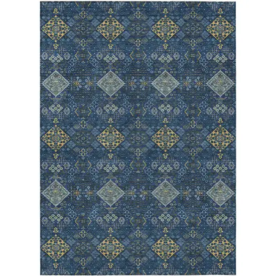 Navy Blue And Gold Geometric Washable Indoor Outdoor Area Rug Photo 1