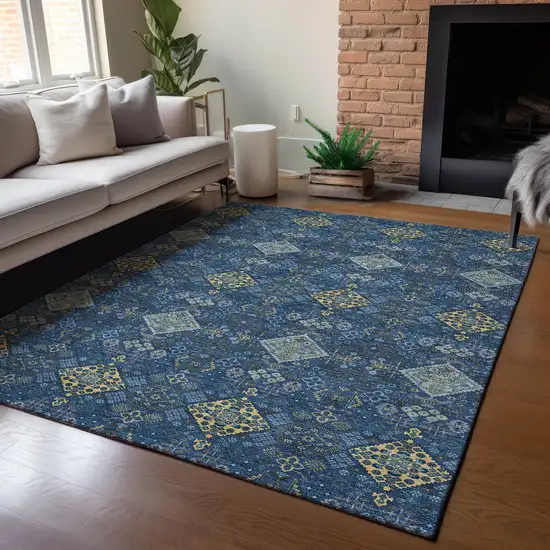 Navy Blue And Gold Geometric Washable Indoor Outdoor Area Rug Photo 5