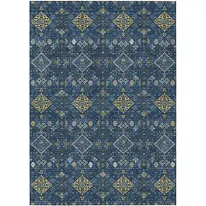 Photo of Navy Blue And Gold Geometric Washable Indoor Outdoor Area Rug