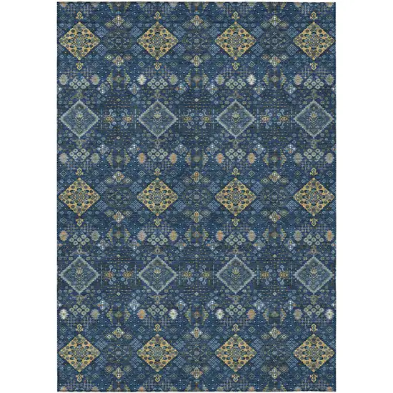 Navy Blue And Gold Geometric Washable Indoor Outdoor Area Rug Photo 1