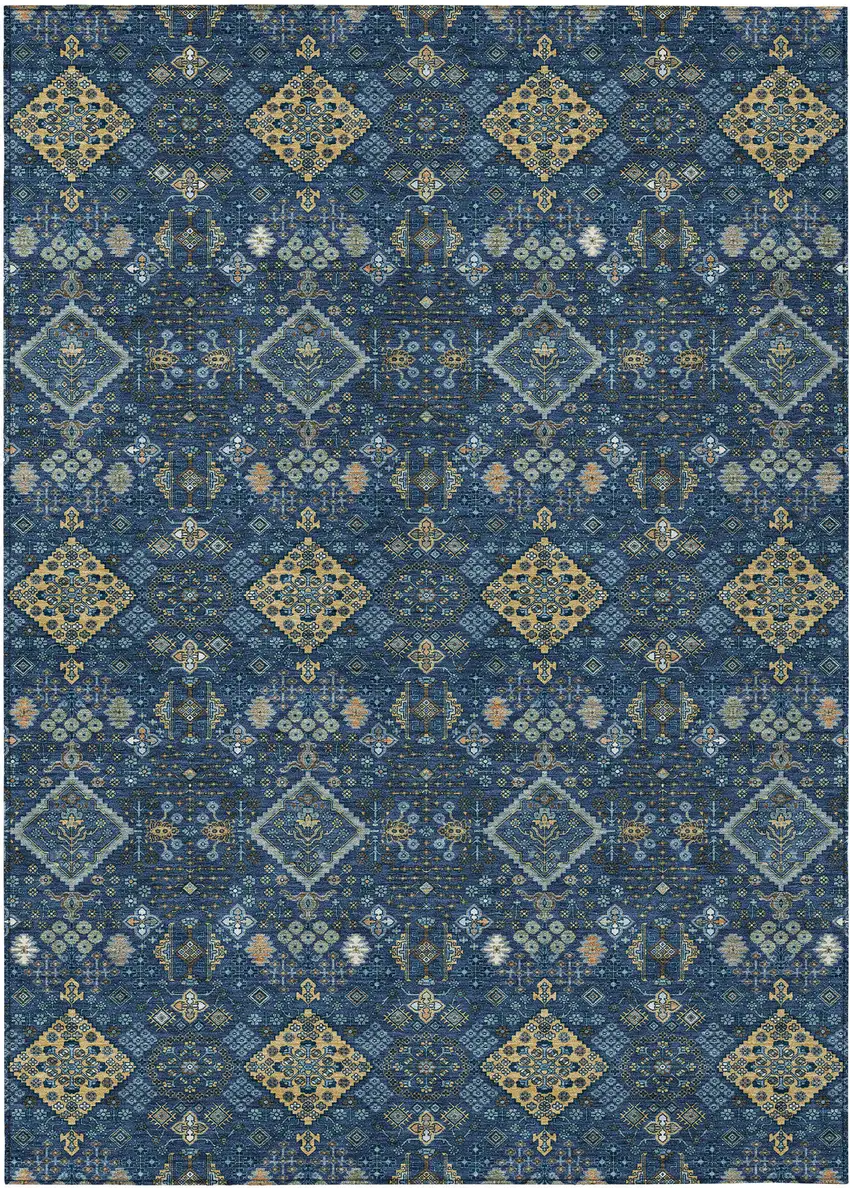 Navy Blue And Gold Geometric Washable Indoor Outdoor Area Rug Photo 1