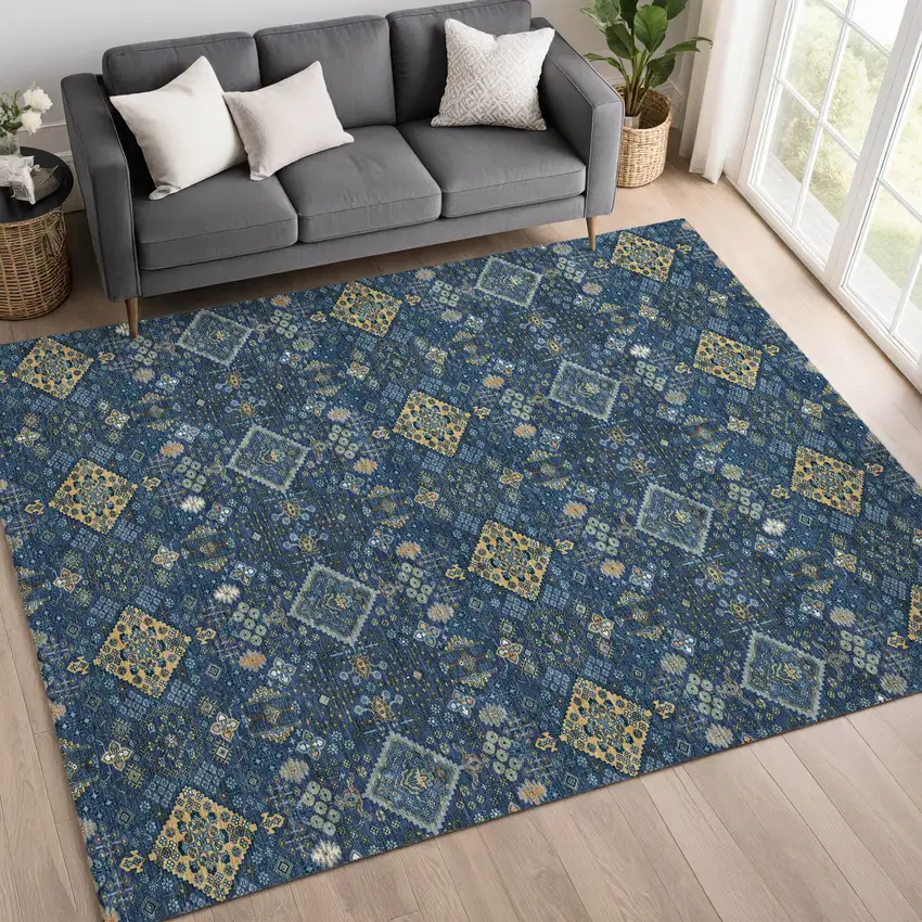Navy Blue And Gold Geometric Washable Indoor Outdoor Area Rug Photo 6