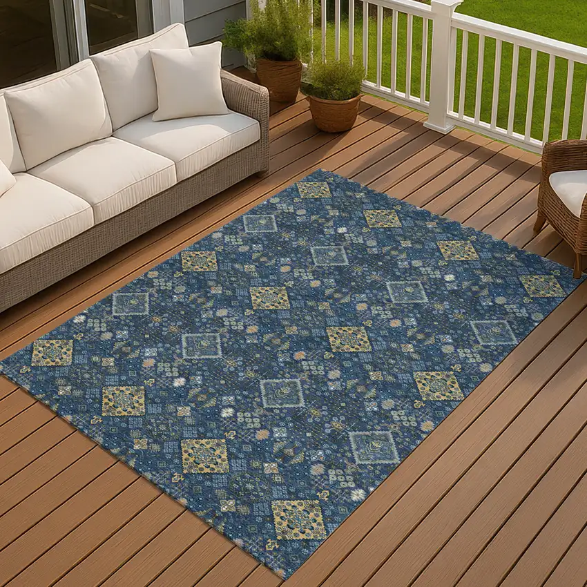 Navy Blue And Gold Geometric Washable Indoor Outdoor Area Rug Photo 7