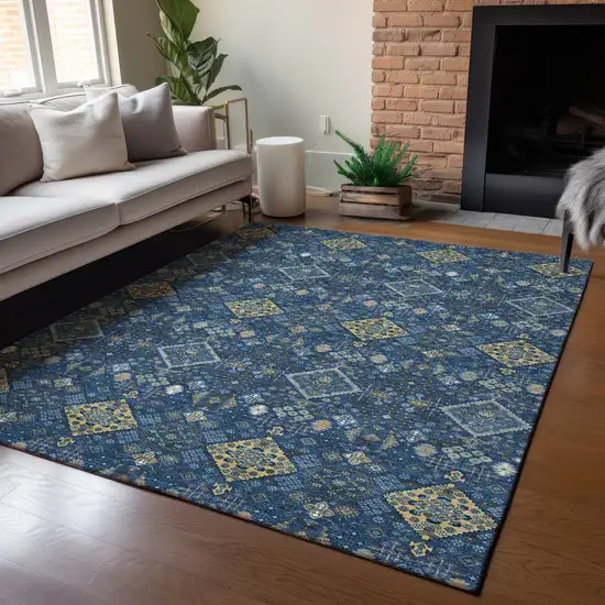 Navy Blue And Gold Geometric Washable Indoor Outdoor Area Rug Photo 5