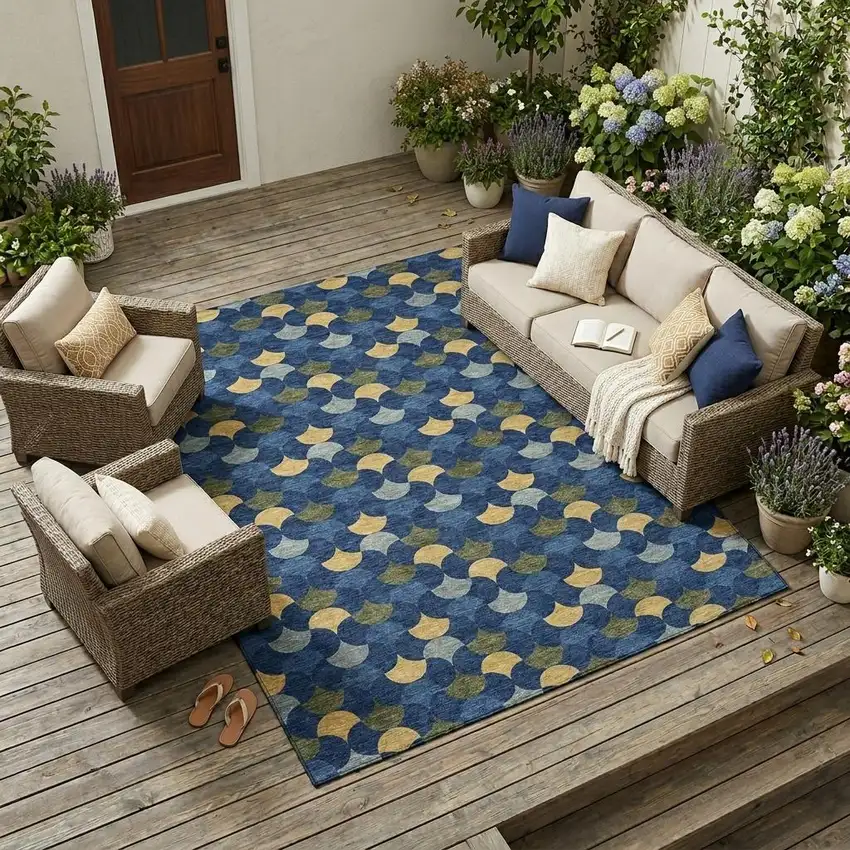 Navy Blue And Gold Geometric Washable Indoor Outdoor Area Rug Photo 1