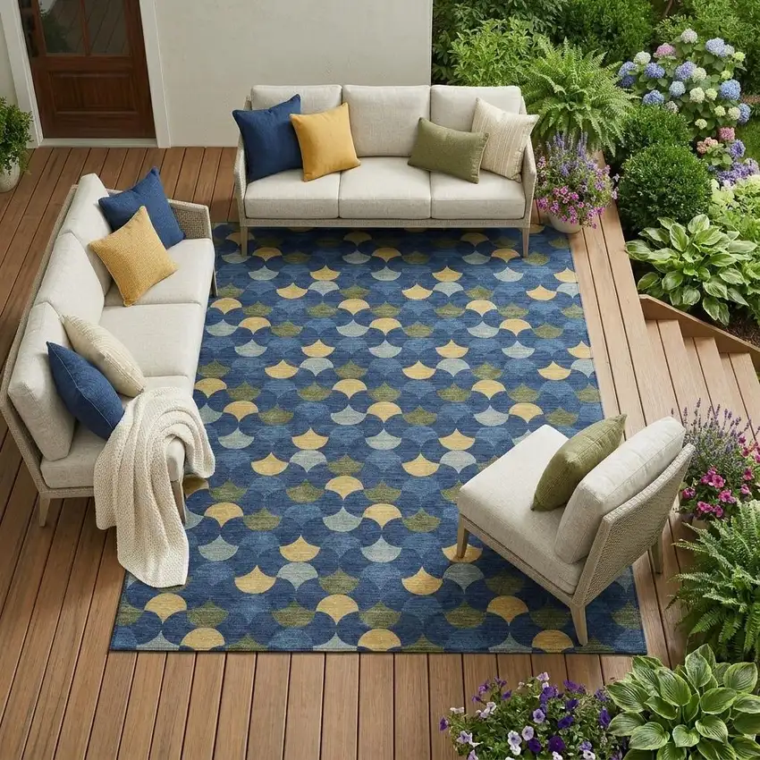 Navy Blue And Gold Geometric Washable Indoor Outdoor Area Rug Photo 1
