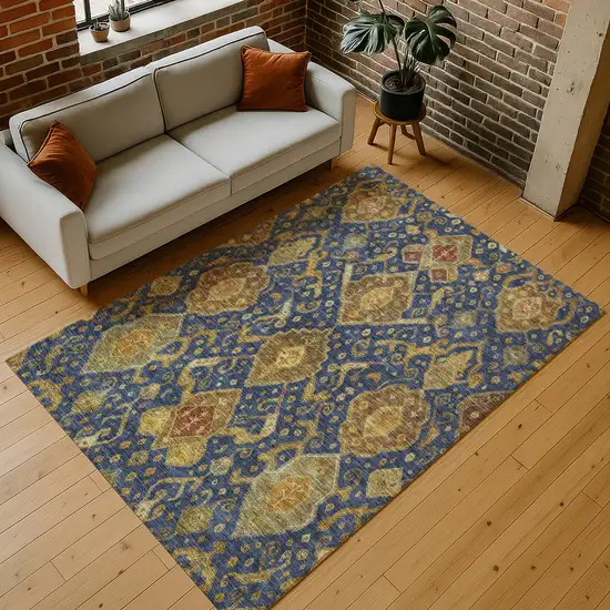 Navy Blue And Gold Ikat Washable Indoor Outdoor Area Rug Photo 9