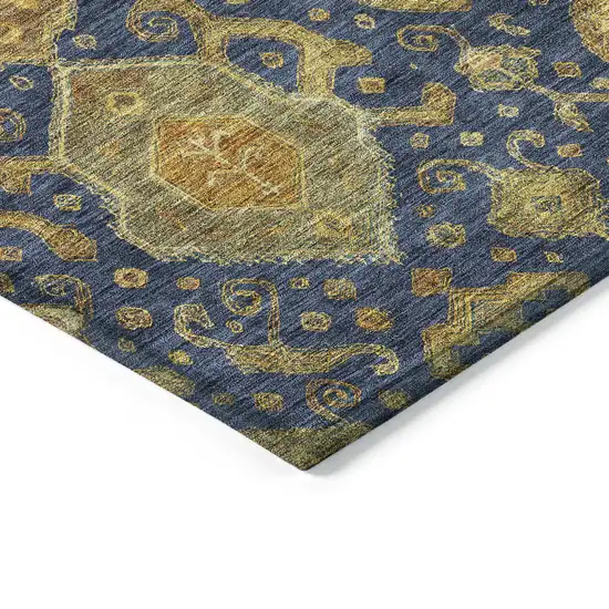 Navy Blue And Gold Ikat Washable Indoor Outdoor Area Rug Photo 5