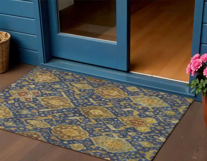 Navy Blue And Gold Ikat Washable Indoor Outdoor Area Rug Photo 1