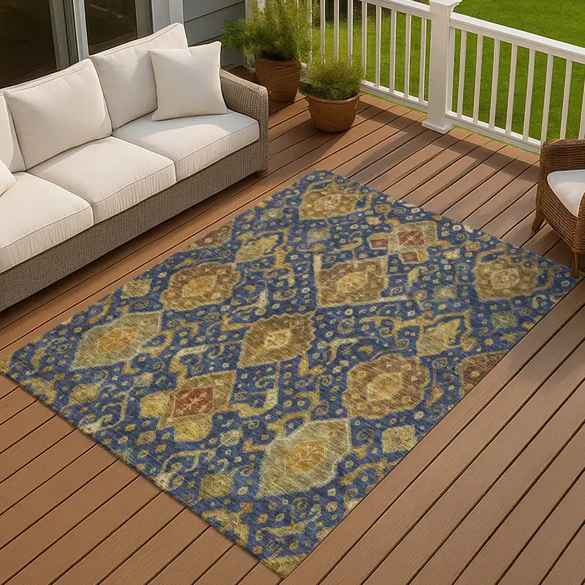 Navy Blue And Gold Ikat Washable Indoor Outdoor Area Rug Photo 7