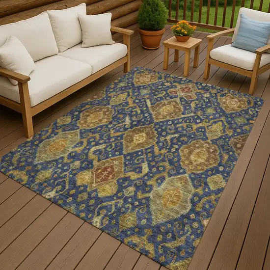 Navy Blue And Gold Ikat Washable Indoor Outdoor Area Rug Photo 9