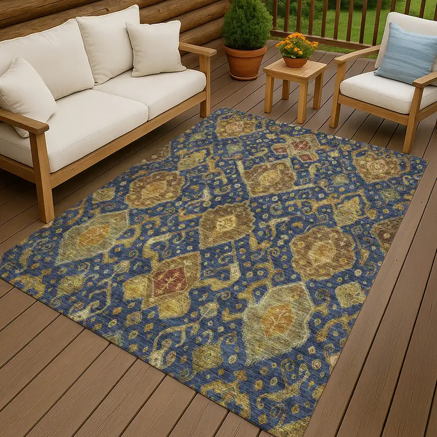 Navy Blue And Gold Ikat Washable Indoor Outdoor Area Rug Photo 9
