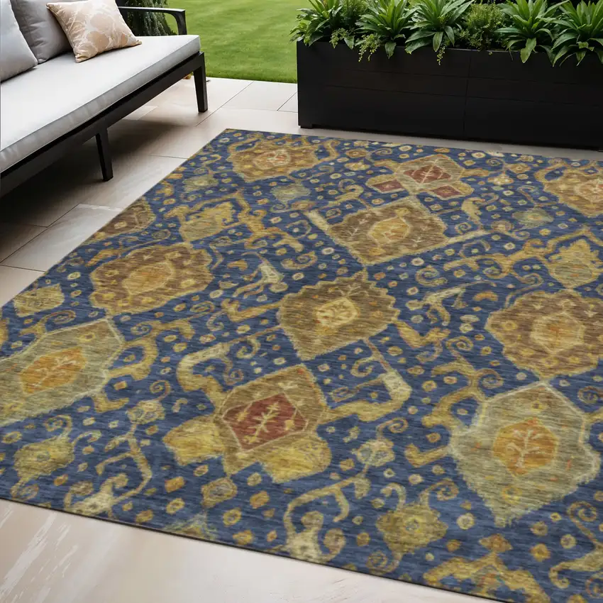 Navy Blue And Gold Ikat Washable Indoor Outdoor Area Rug Photo 1