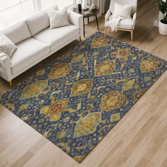 Navy Blue And Gold Ikat Washable Indoor Outdoor Area Rug Photo 9