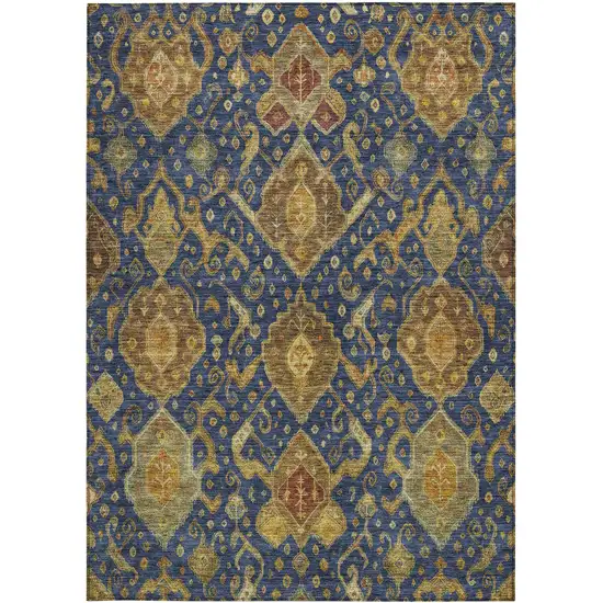 Navy Blue And Gold Ikat Washable Indoor Outdoor Area Rug Photo 4