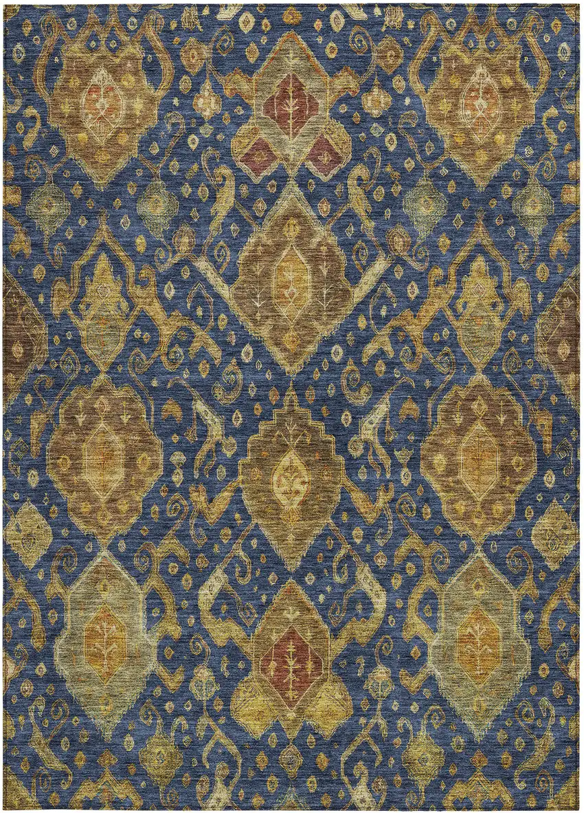 Navy Blue And Gold Ikat Washable Indoor Outdoor Area Rug Photo 4