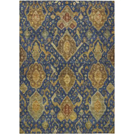 Navy Blue And Gold Ikat Washable Indoor Outdoor Area Rug Photo 2