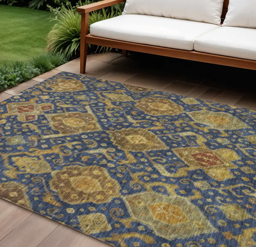 Navy Blue And Gold Ikat Washable Indoor Outdoor Area Rug Photo 1