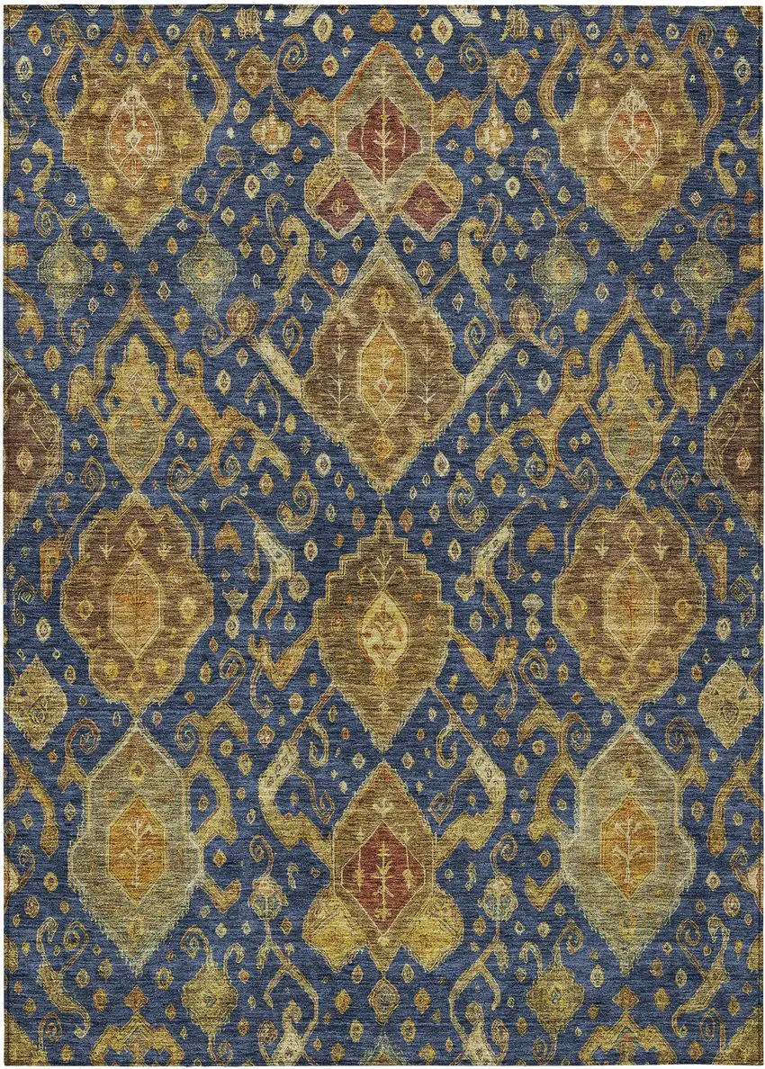 Navy Blue And Gold Ikat Washable Indoor Outdoor Area Rug Photo 2
