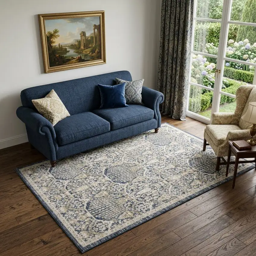 Navy Blue And Gold Oriental Area Rug Photo 1