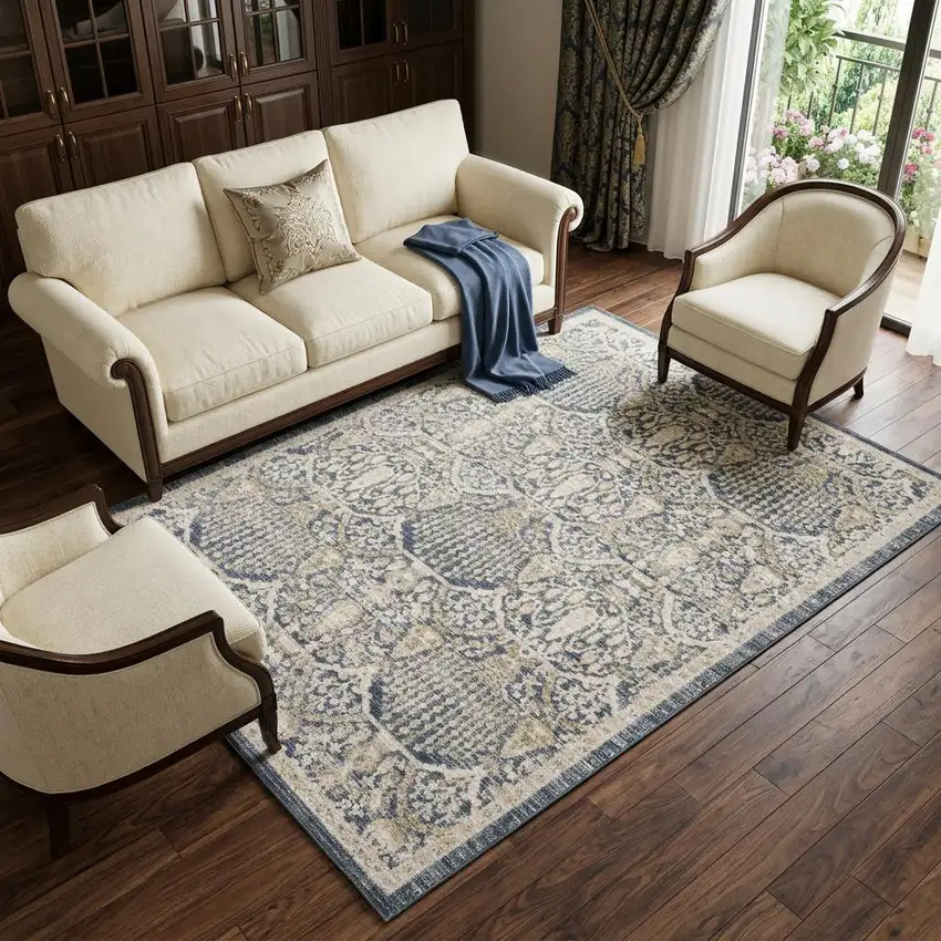 Navy Blue And Gold Oriental Area Rug Photo 1