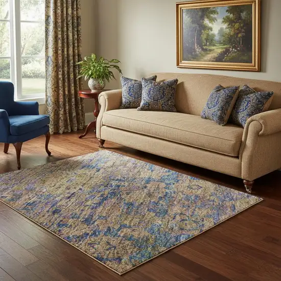 Navy Blue And Gold Oriental Washable Area Rug With UV Protection Photo 2