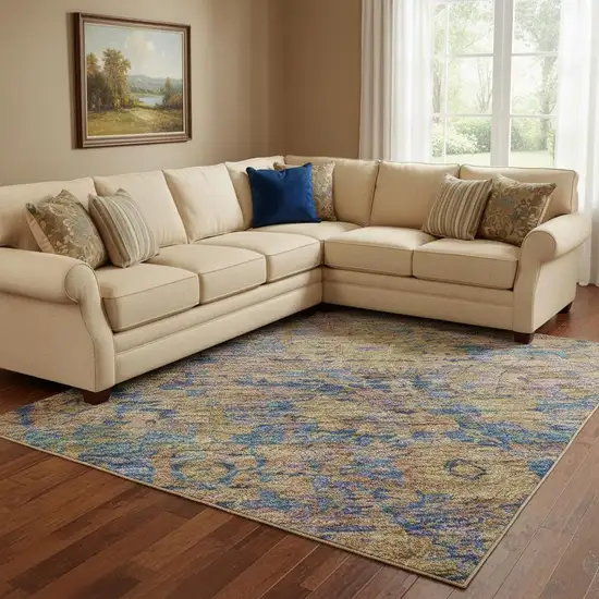 Navy Blue And Gold Oriental Washable Area Rug With UV Protection Photo 2