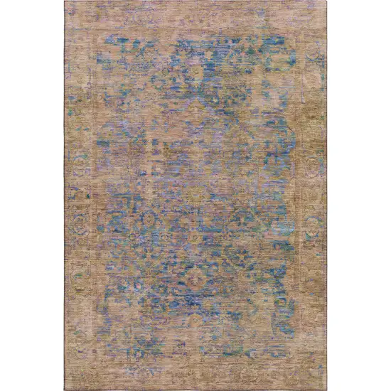 Navy Blue And Gold Oriental Washable Area Rug With UV Protection Photo 4