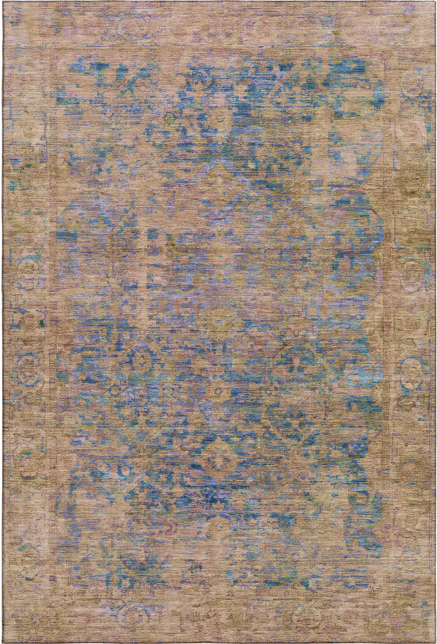 Navy Blue And Gold Oriental Washable Area Rug With UV Protection Photo 4