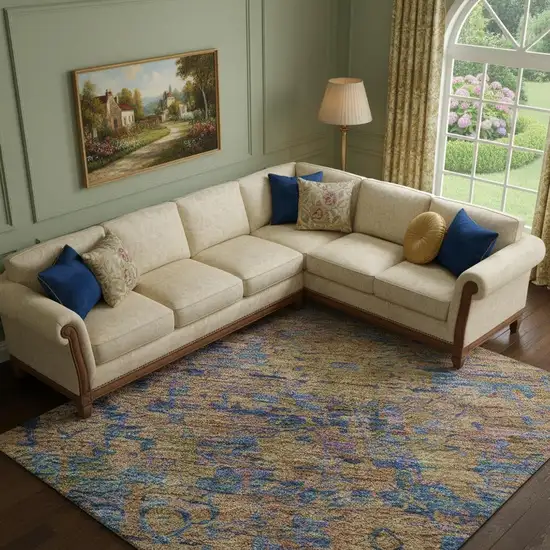 Navy Blue And Gold Oriental Washable Area Rug With UV Protection Photo 2