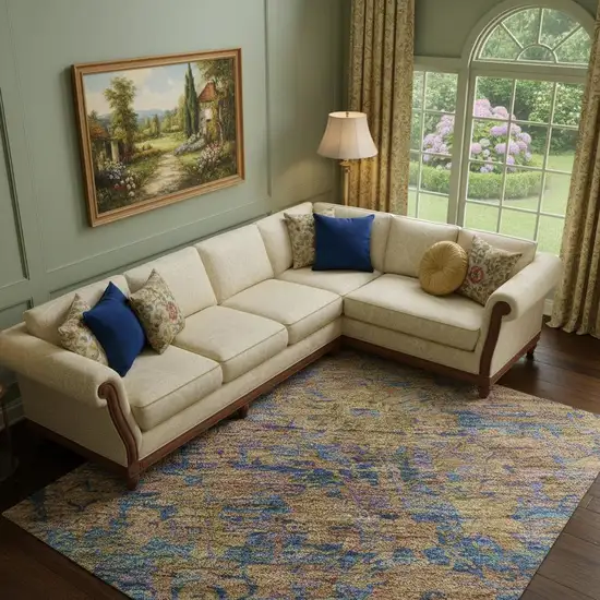 Navy Blue And Gold Oriental Washable Area Rug With UV Protection Photo 2