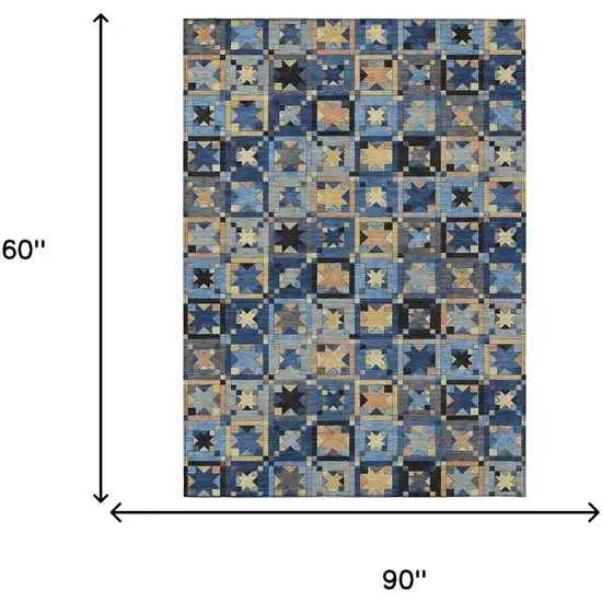 Navy Blue And Gold Patchwork Washable Indoor Outdoor Area Rug Photo 7