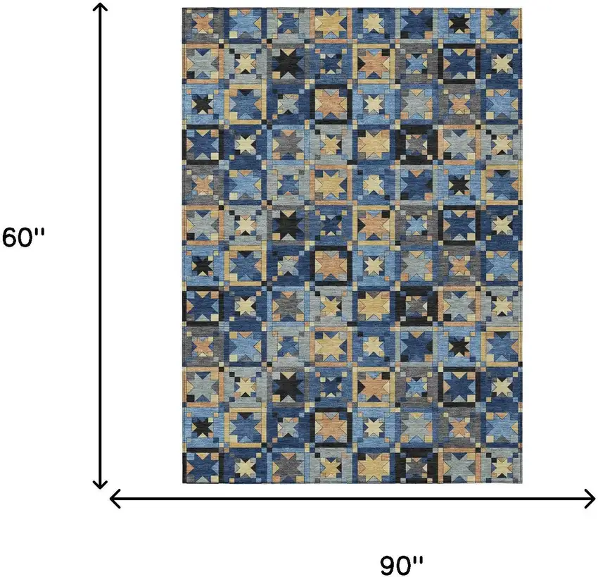Navy Blue And Gold Patchwork Washable Indoor Outdoor Area Rug Photo 7