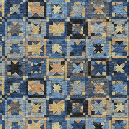 Navy Blue And Gold Patchwork Washable Indoor Outdoor Area Rug Photo 3