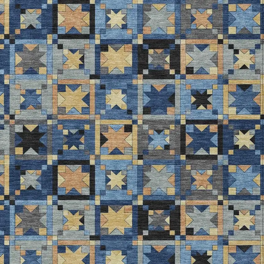 Navy Blue And Gold Patchwork Washable Indoor Outdoor Area Rug Photo 3