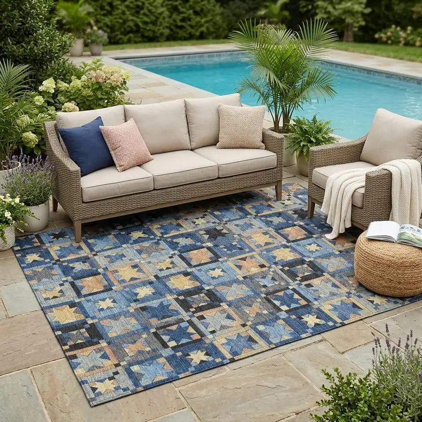Navy Blue And Gold Patchwork Washable Indoor Outdoor Area Rug Photo 1