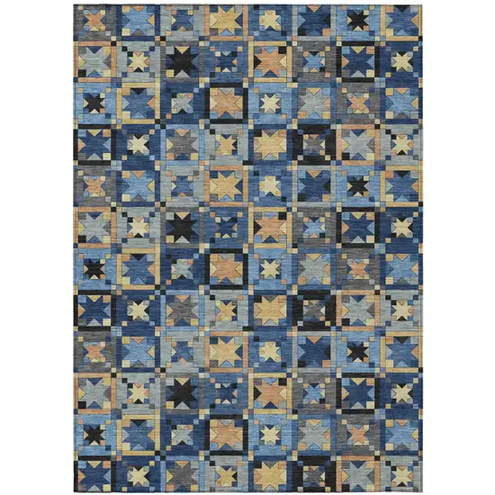 Navy Blue And Gold Patchwork Washable Indoor Outdoor Area Rug Photo 2