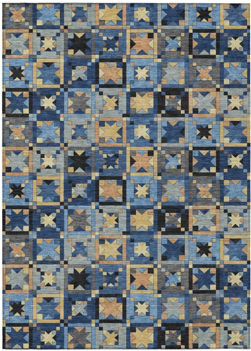 Navy Blue And Gold Patchwork Washable Indoor Outdoor Area Rug Photo 2