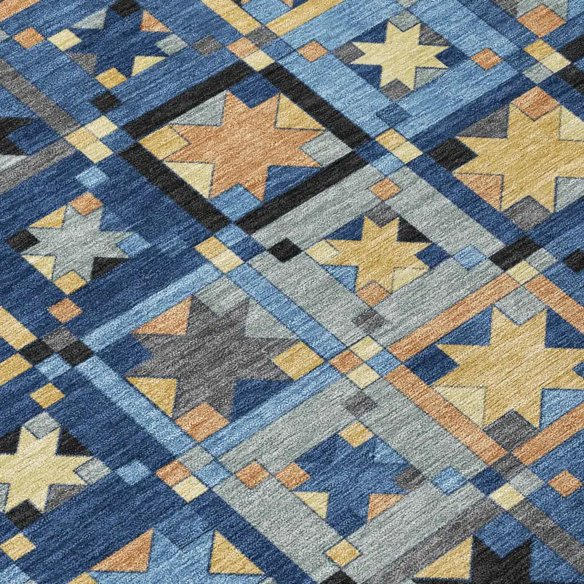 Navy Blue And Gold Patchwork Washable Indoor Outdoor Area Rug Photo 6