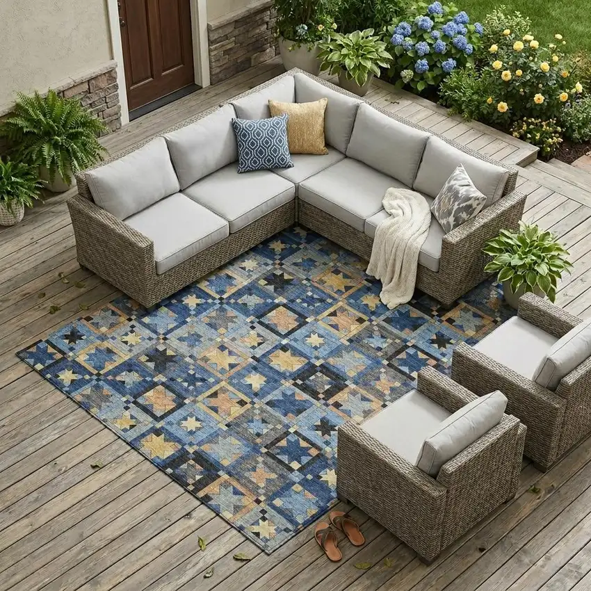 Navy Blue And Gold Patchwork Washable Indoor Outdoor Area Rug Photo 1