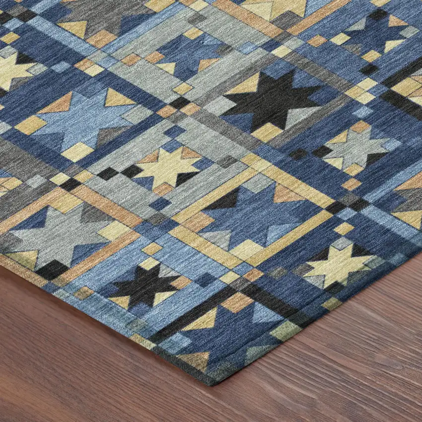 Navy Blue And Gold Patchwork Washable Indoor Outdoor Area Rug Photo 5