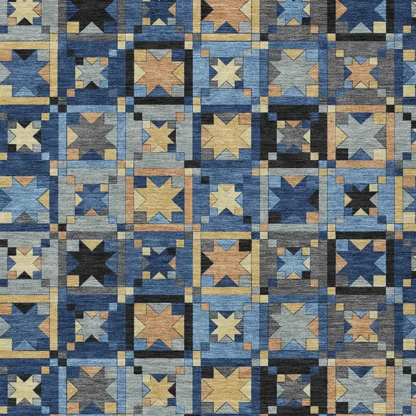Navy Blue And Gold Patchwork Washable Indoor Outdoor Area Rug Photo 3