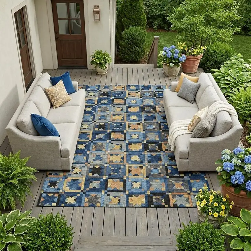 Navy Blue And Gold Patchwork Washable Indoor Outdoor Area Rug Photo 1